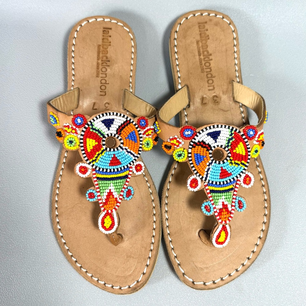 Laidback London Simba Flat Light Brown Tribal Beaded Thong Sandals